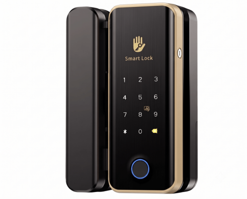 Keyplus smart glass door lock in a gold frame, featuring a black brushed panel with a gold-colored digital keypad and a bottom blue-ringed fingerprint sensor, suitable for office entry security.
