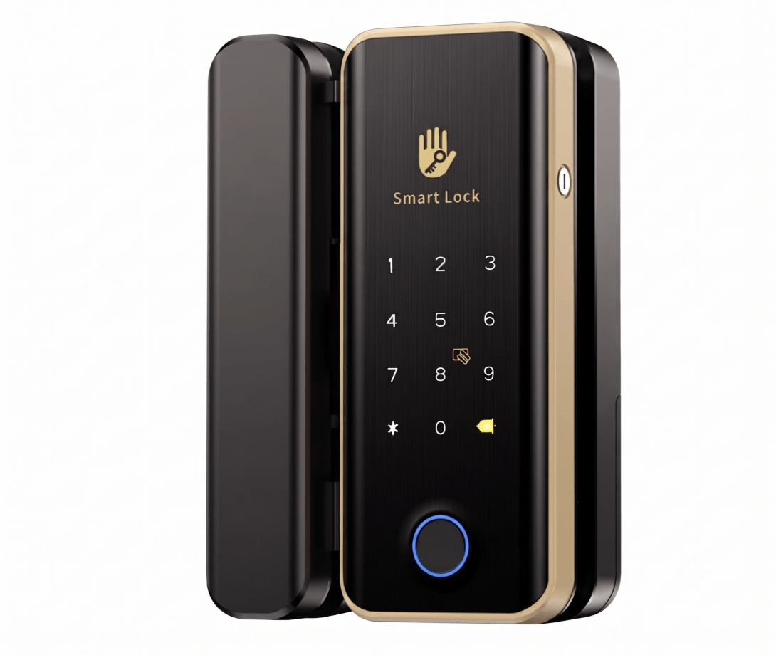 G3 Keyplus Sliding Glass Door Smart Locks Keyplus smart glass door lock in a gold frame, featuring a black brushed panel with a gold-colored digital keypad and a bottom blue-ringed fingerprint sensor, suitable for office entry security.