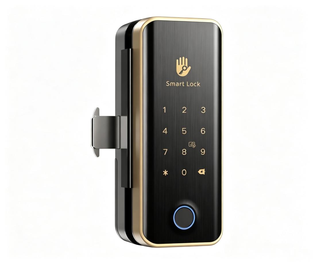 G3 KEYPLUS Smart Glass Door Lock Keyplus smart glass door lock in a gold frame, featuring a black brushed panel with a gold-colored digital keypad and a bottom blue-ringed fingerprint sensor, suitable for office entry security.