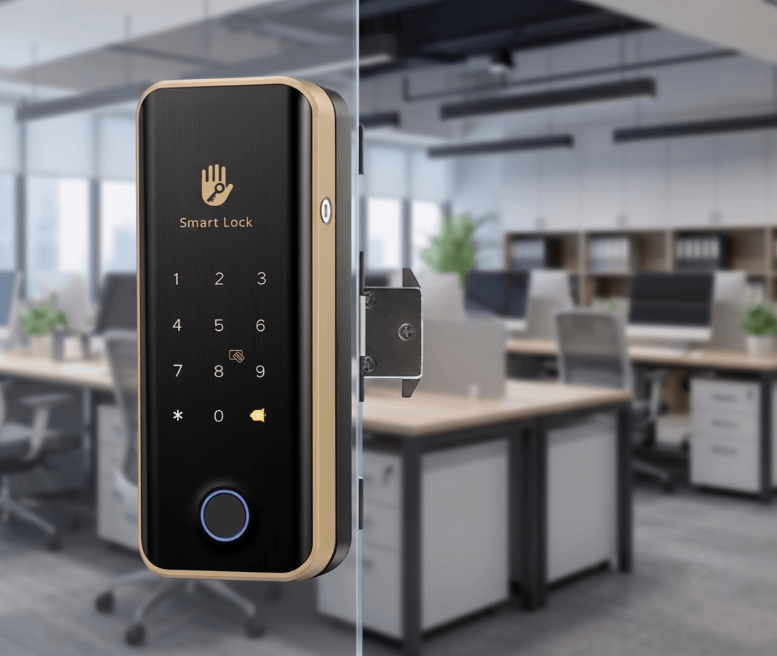 keyplus-smartlock-g3-scenarios Keyplus Smart Lock G3 installed on a glass conference room door within a modern office space, showing desks and chairs through the glass security