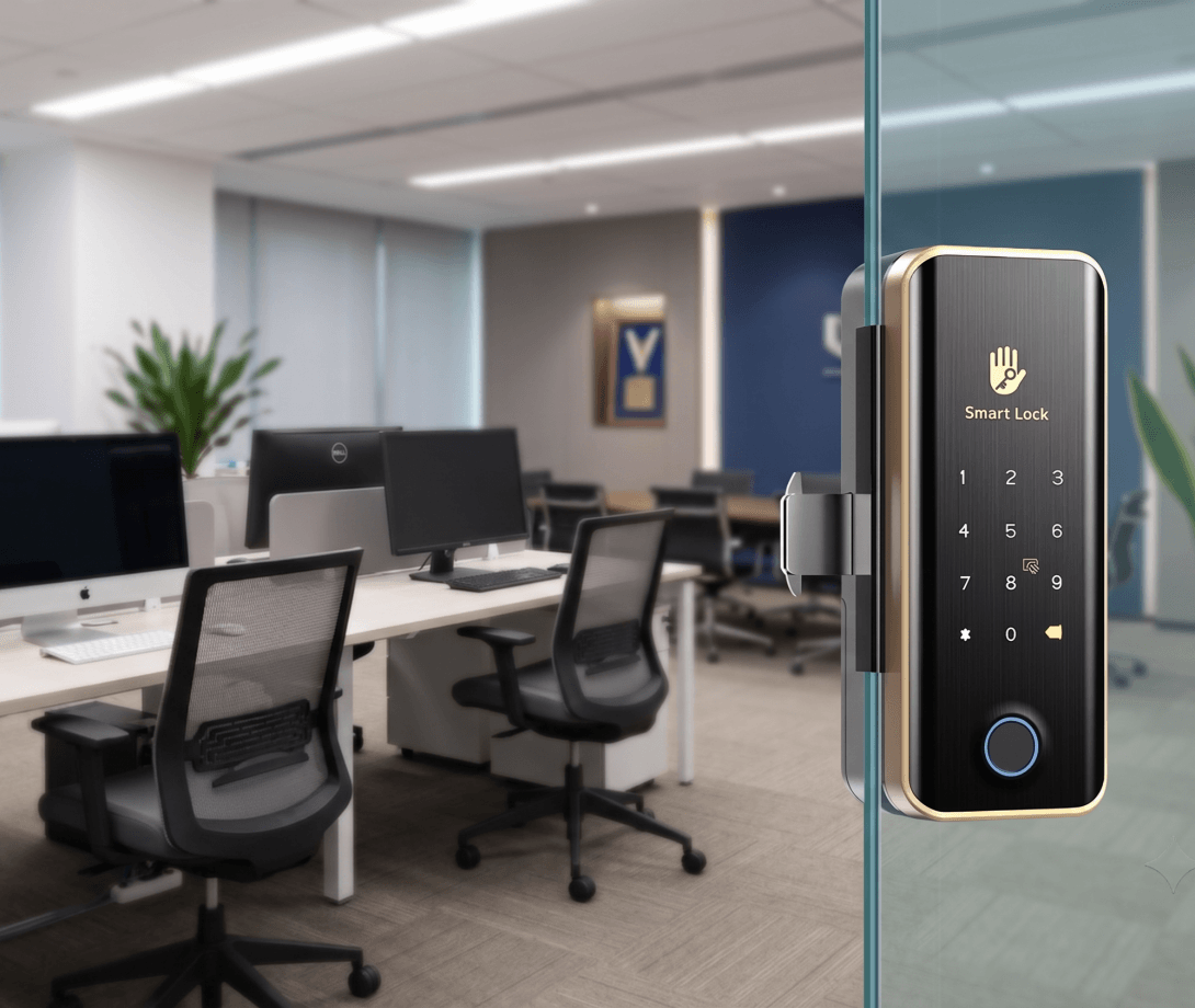 keyplus-smartlock-g3-scenarios2 Keyplus Smart Lock G3 installed on a glass conference room door within a modern office space, showing desks and chairs through the glass security